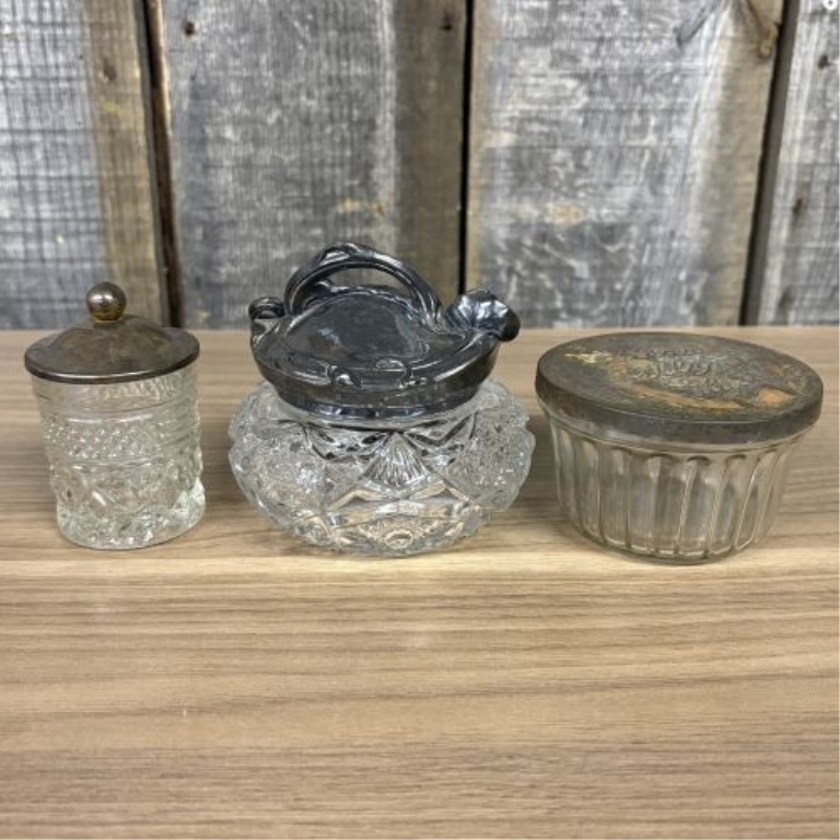 A Collection of Five Antique and Vintage Cut and Pressed Glass Containers with Metal Lids