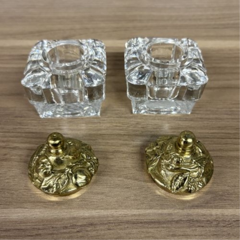 A Pair of Art Deco Style Cut Glass and Gilt Brass Salt and Pepper Shakers