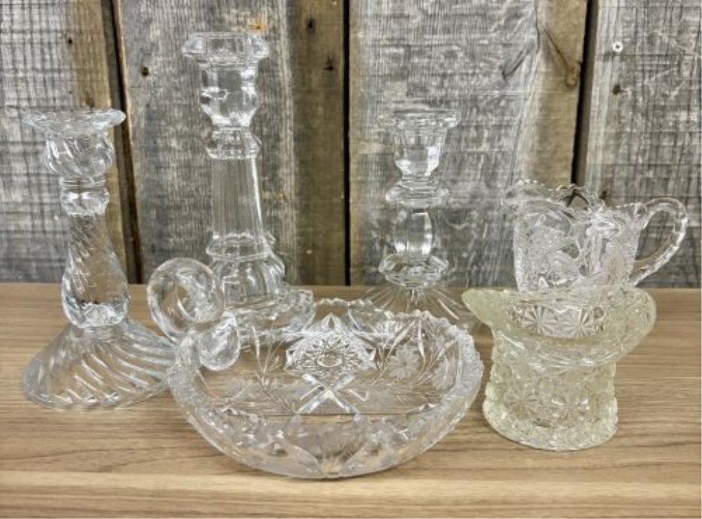 A Collection of Six Decorative Clear and Patterned Glass Articles Including American Brilliant Style Nappy and Candlesticks