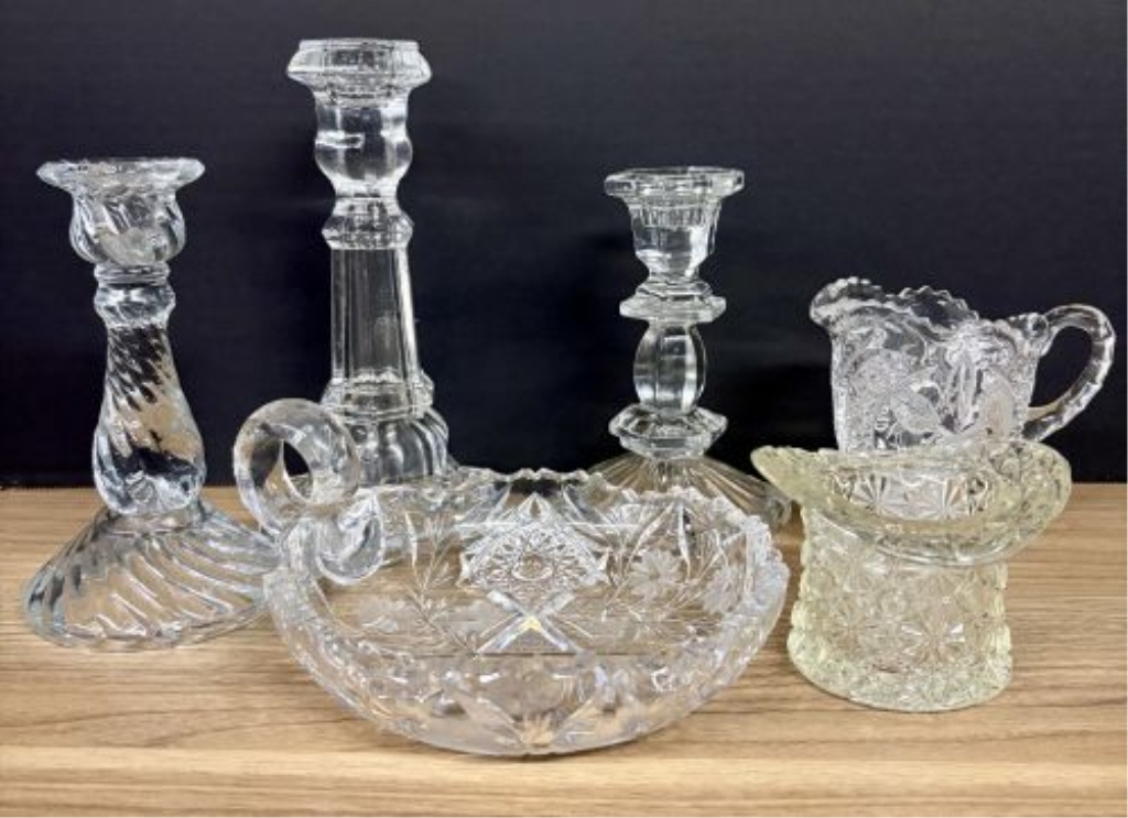 A Collection of Six Decorative Clear and Patterned Glass Articles Including American Brilliant Style Nappy and Candlesticks