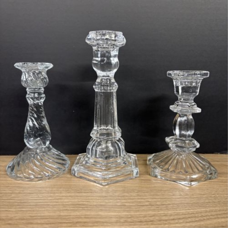 A Collection of Six Decorative Clear and Patterned Glass Articles Including American Brilliant Style Nappy and Candlesticks