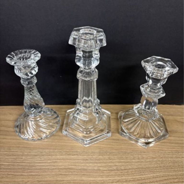 A Collection of Six Decorative Clear and Patterned Glass Articles Including American Brilliant Style Nappy and Candlesticks