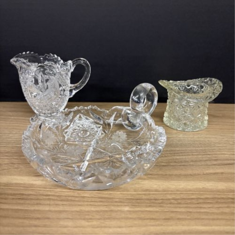 A Collection of Six Decorative Clear and Patterned Glass Articles Including American Brilliant Style Nappy and Candlesticks
