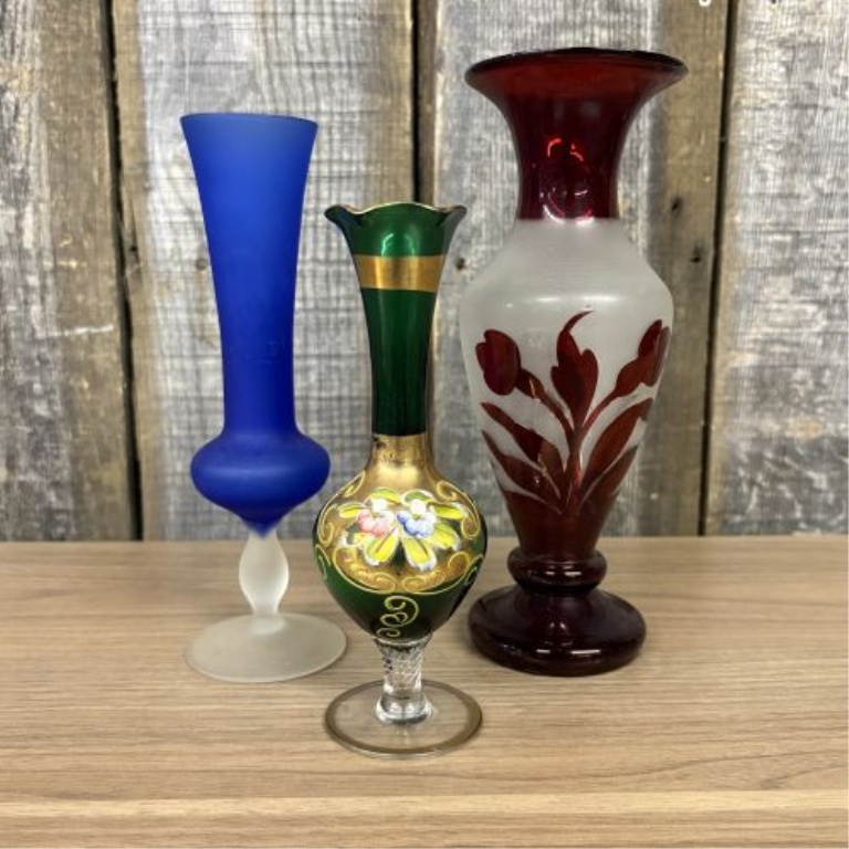 A Trio of Decorative Satin and Enameled Art Glass Vases