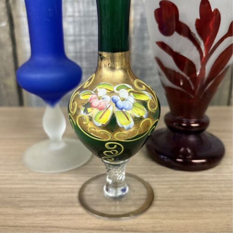 A Trio of Decorative Satin and Enameled Art Glass Vases