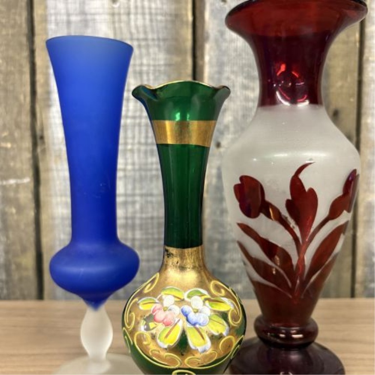 A Trio of Decorative Satin and Enameled Art Glass Vases