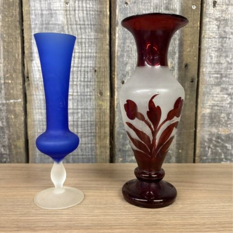 A Trio of Decorative Satin and Enameled Art Glass Vases