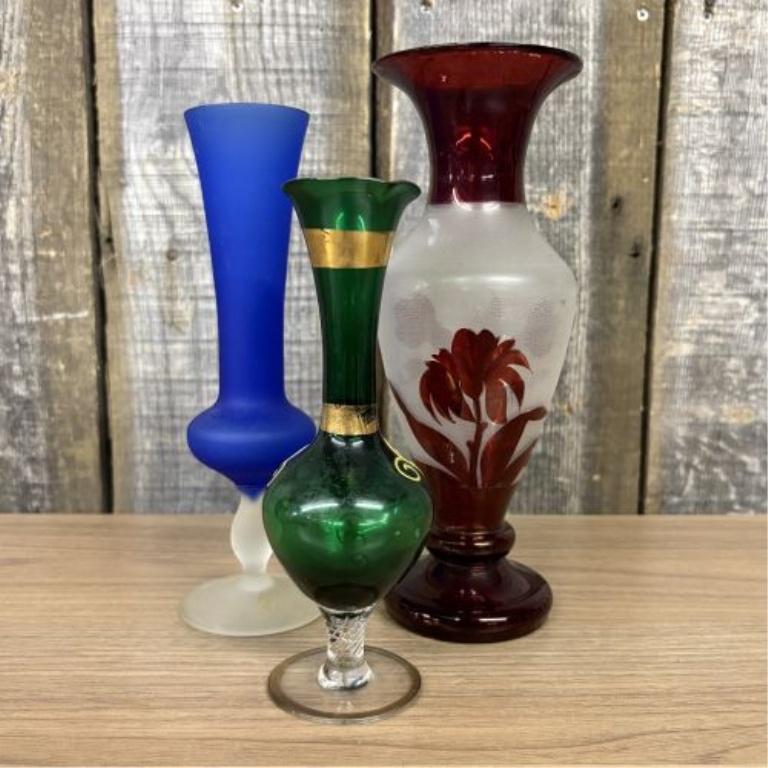 A Trio of Decorative Satin and Enameled Art Glass Vases