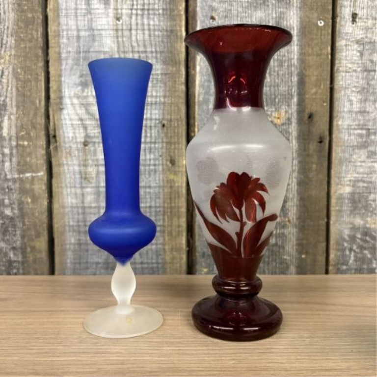 A Trio of Decorative Satin and Enameled Art Glass Vases