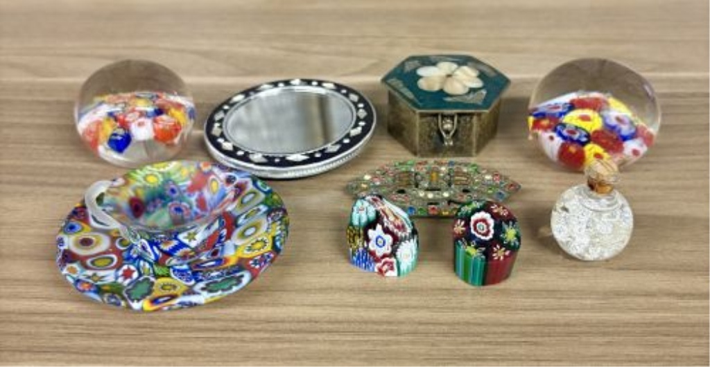 A Collection of Miniature Decorative Objects including Murano Style Millefiori Glass and Vintage Trinkets