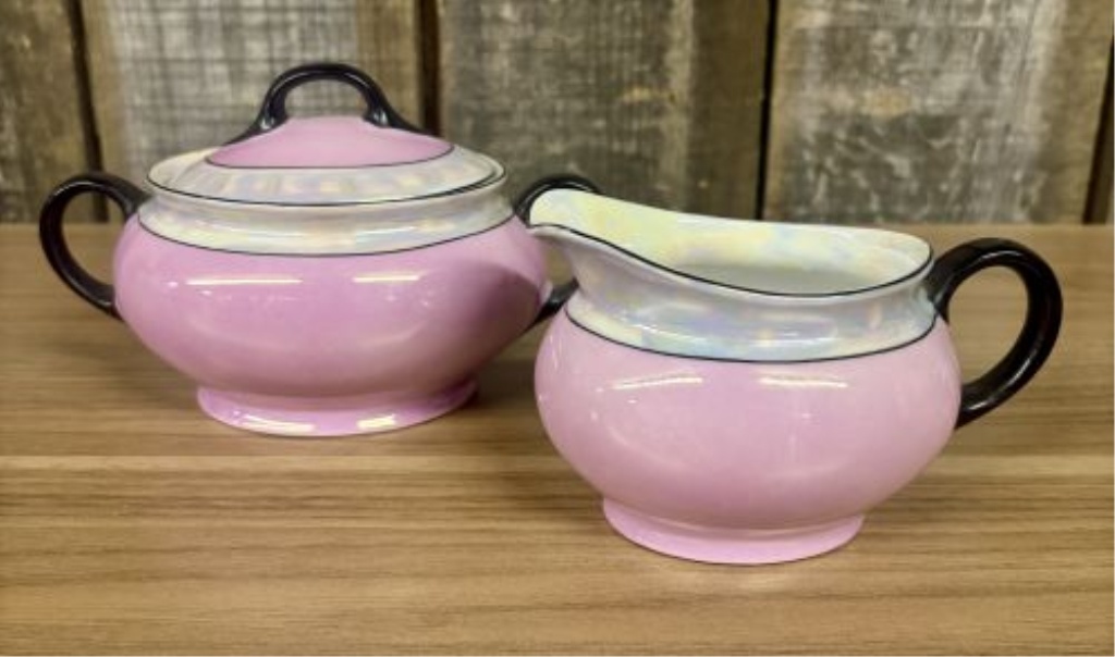 A Pair of Aich Czechoslovakia Art Deco Porcelain Lusterware Sugar Bowl and Creamer