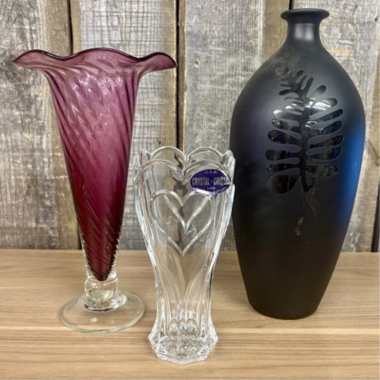 A Trio of Decorative Vases including Amethyst Ruffled Glass and American Lead Crystal