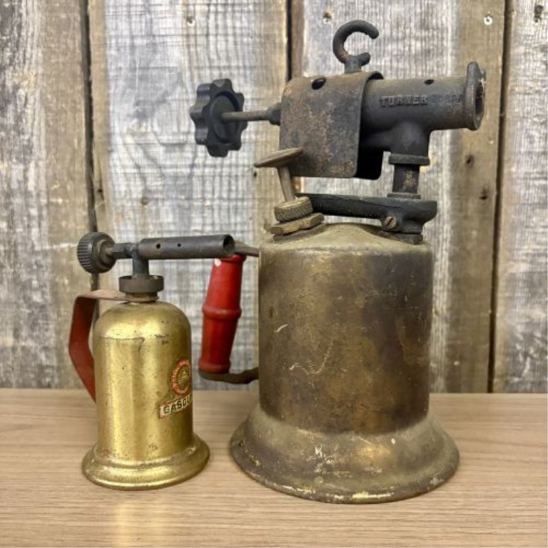 Two Vintage American Brass Gasoline Blow Torches, Turner and Lenk