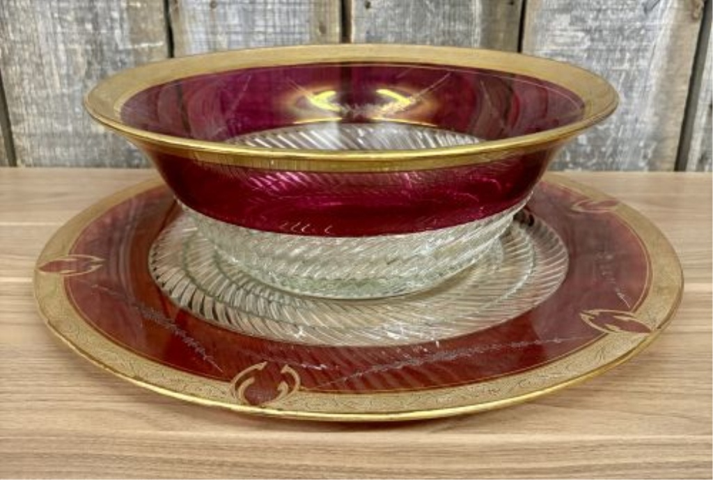 A Large Bohemian Style Cranberry Flash and Gilt Glass Bowl with Matching Underplate