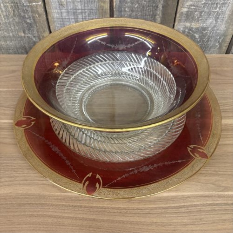 A Large Bohemian Style Cranberry Flash and Gilt Glass Bowl with Matching Underplate