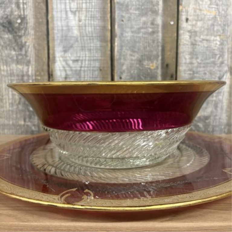 A Large Bohemian Style Cranberry Flash and Gilt Glass Bowl with Matching Underplate