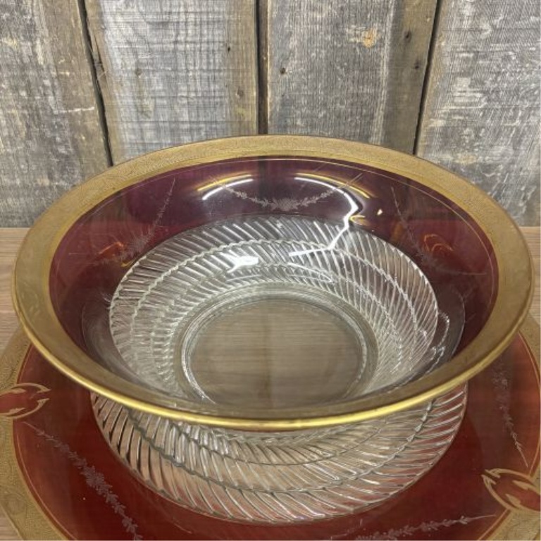 A Large Bohemian Style Cranberry Flash and Gilt Glass Bowl with Matching Underplate