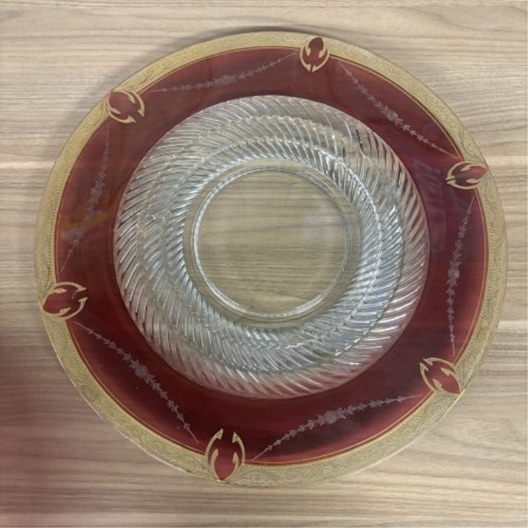 A Large Bohemian Style Cranberry Flash and Gilt Glass Bowl with Matching Underplate