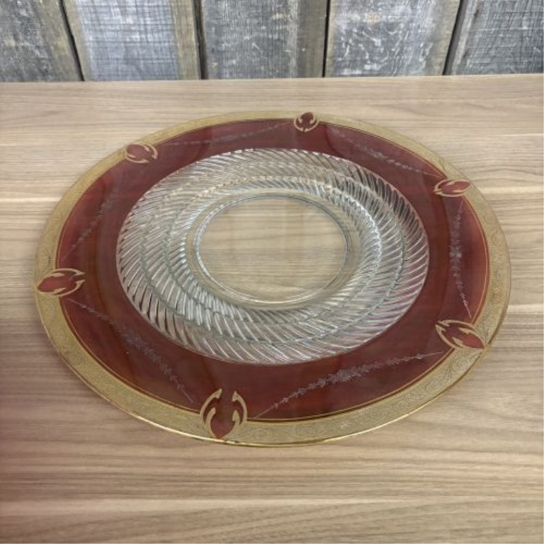 A Large Bohemian Style Cranberry Flash and Gilt Glass Bowl with Matching Underplate
