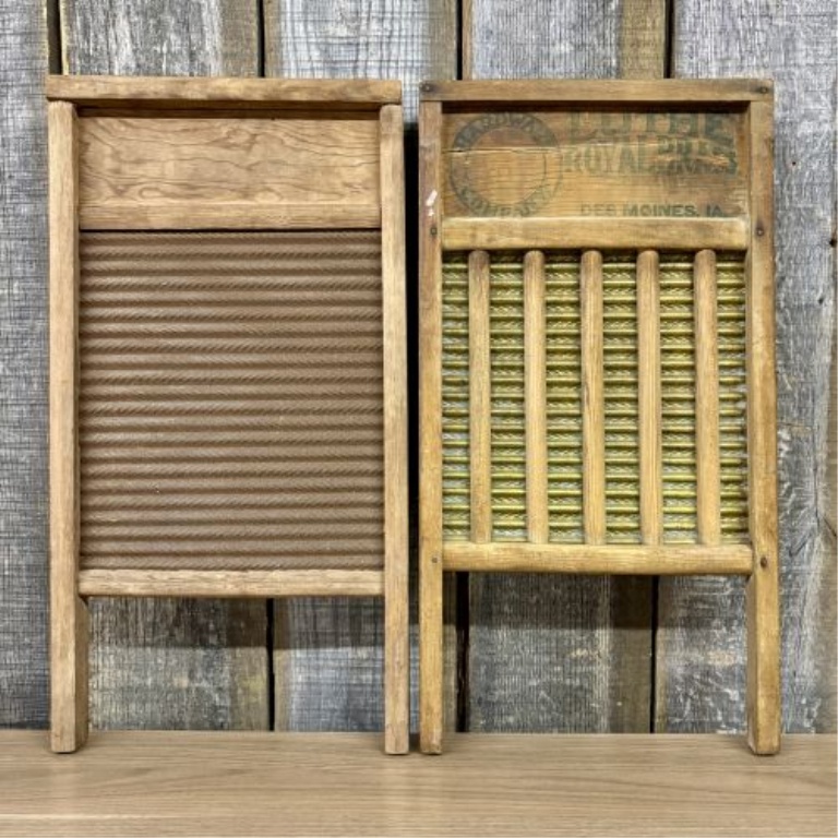 A Pair of Antique Wooden Washboards including Luthe Royal Brass and Metal Product Mfg. Co.