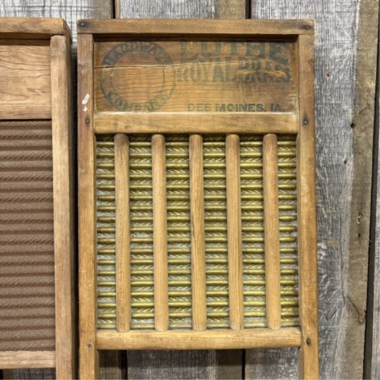 A Pair of Antique Wooden Washboards including Luthe Royal Brass and Metal Product Mfg. Co.