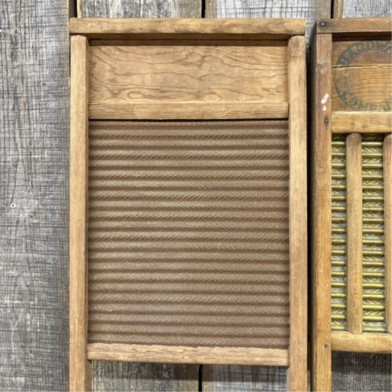 A Pair of Antique Wooden Washboards including Luthe Royal Brass and Metal Product Mfg. Co.