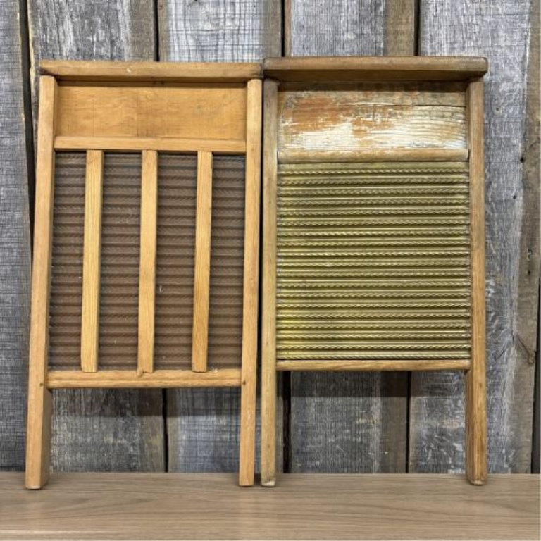 A Pair of Antique Wooden Washboards including Luthe Royal Brass and Metal Product Mfg. Co.