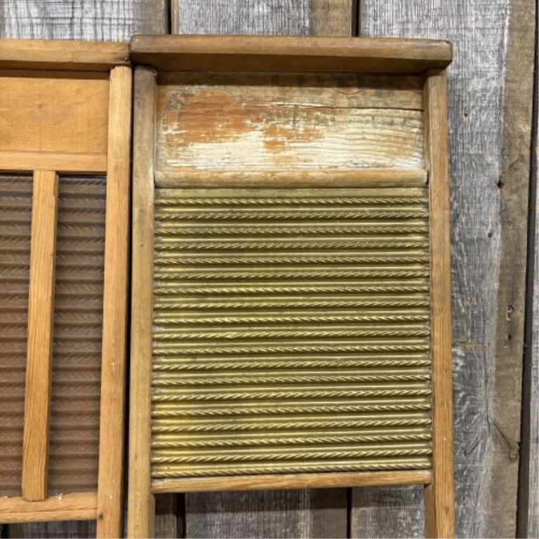 A Pair of Antique Wooden Washboards including Luthe Royal Brass and Metal Product Mfg. Co.