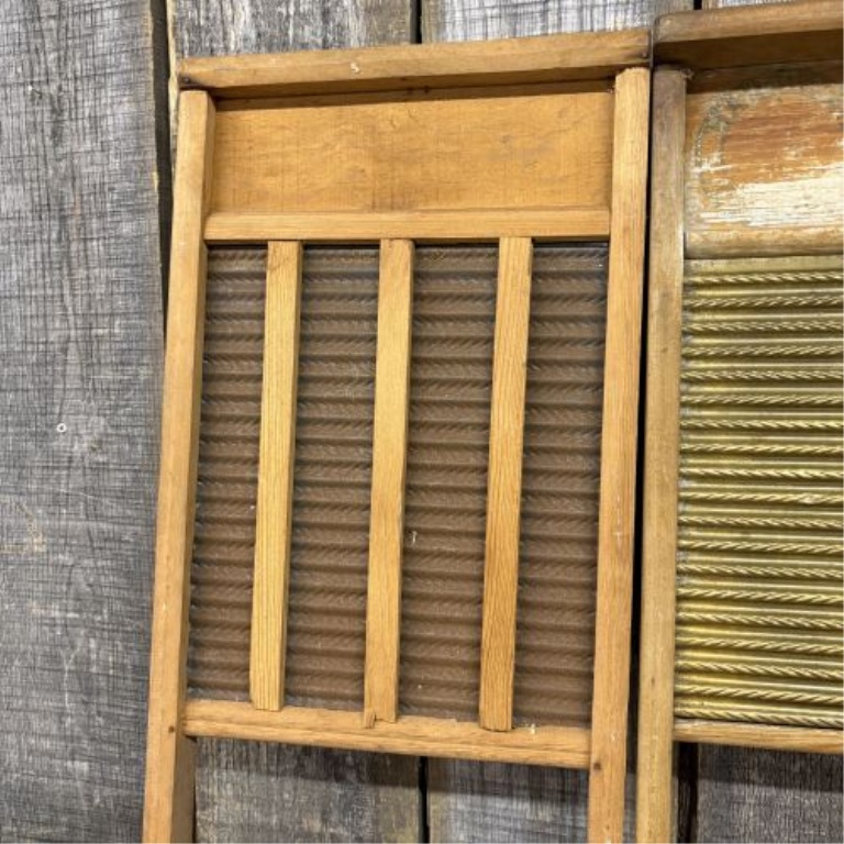 A Pair of Antique Wooden Washboards including Luthe Royal Brass and Metal Product Mfg. Co.