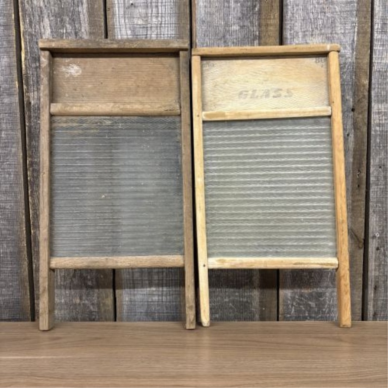 A Pair of National Washboard Co. Glass and Wood Washboards Nos. 512 and 80
