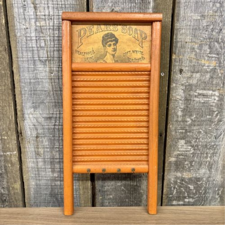Vintage Columbus Washboard Co. Ideal Model Small Washboard with Pears Soap Advertising and Hooks