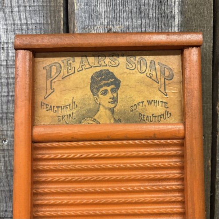 Vintage Columbus Washboard Co. Ideal Model Small Washboard with Pears Soap Advertising and Hooks