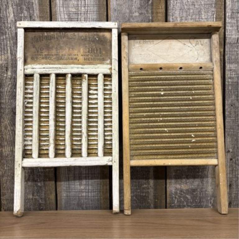 Two Vintage Wood and Metal Washboards by National Washboard Co. and Monarch Mfg. Co.