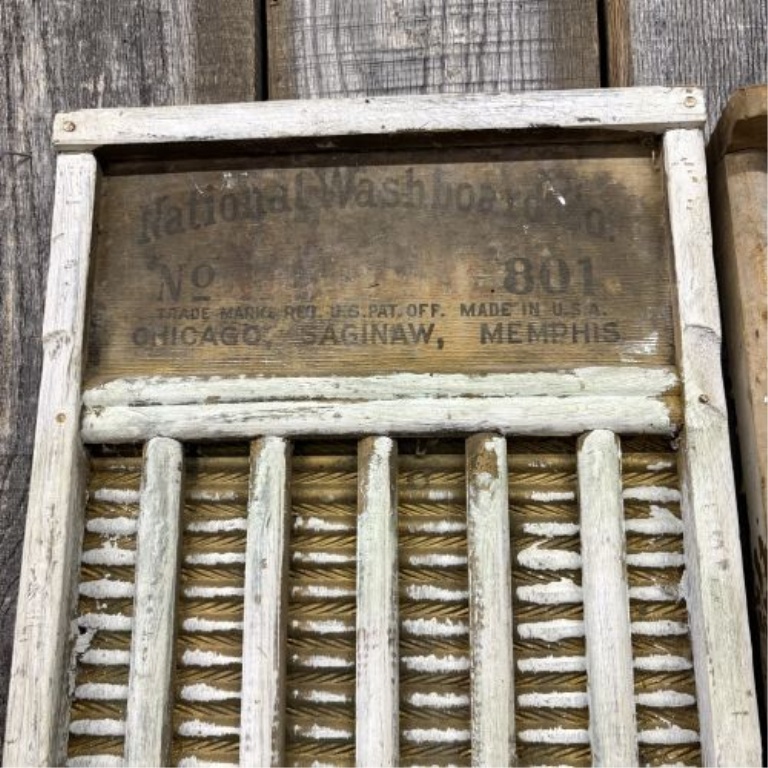 Two Vintage Wood and Metal Washboards by National Washboard Co. and Monarch Mfg. Co.