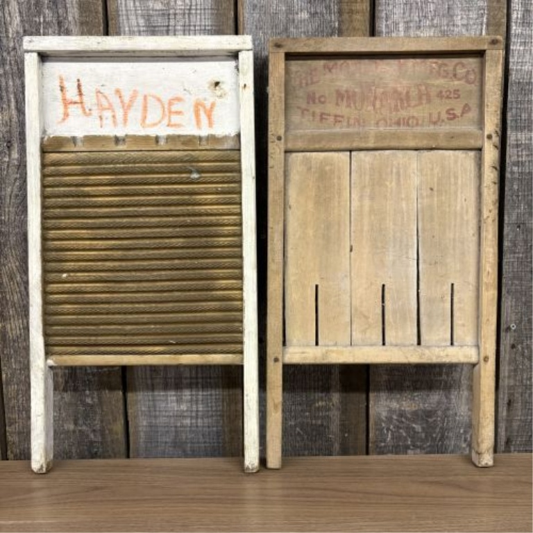 Two Vintage Wood and Metal Washboards by National Washboard Co. and Monarch Mfg. Co.