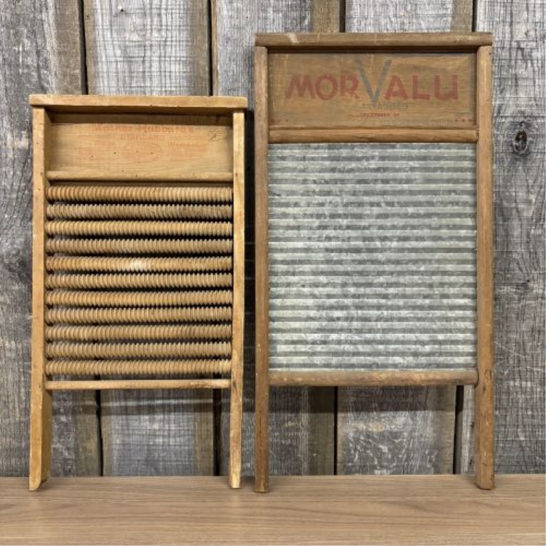 Two Vintage American Washboards including Mother Hubbard Roller and Morvalu Galvanized Models