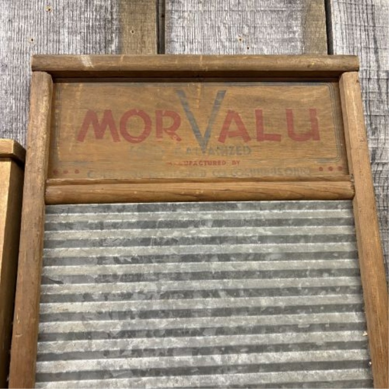 Two Vintage American Washboards including Mother Hubbard Roller and Morvalu Galvanized Models