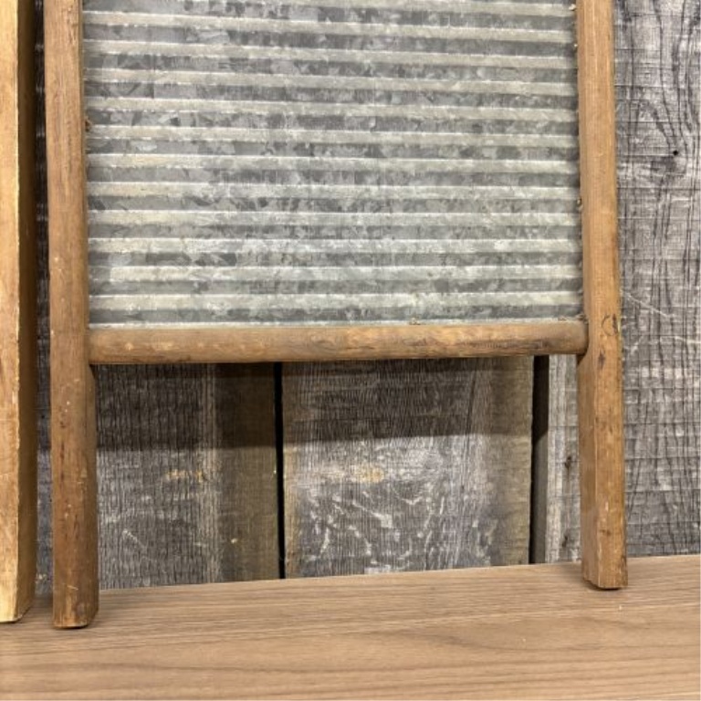 Two Vintage American Washboards including Mother Hubbard Roller and Morvalu Galvanized Models
