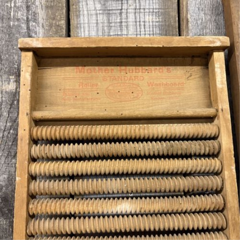Two Vintage American Washboards including Mother Hubbard Roller and Morvalu Galvanized Models