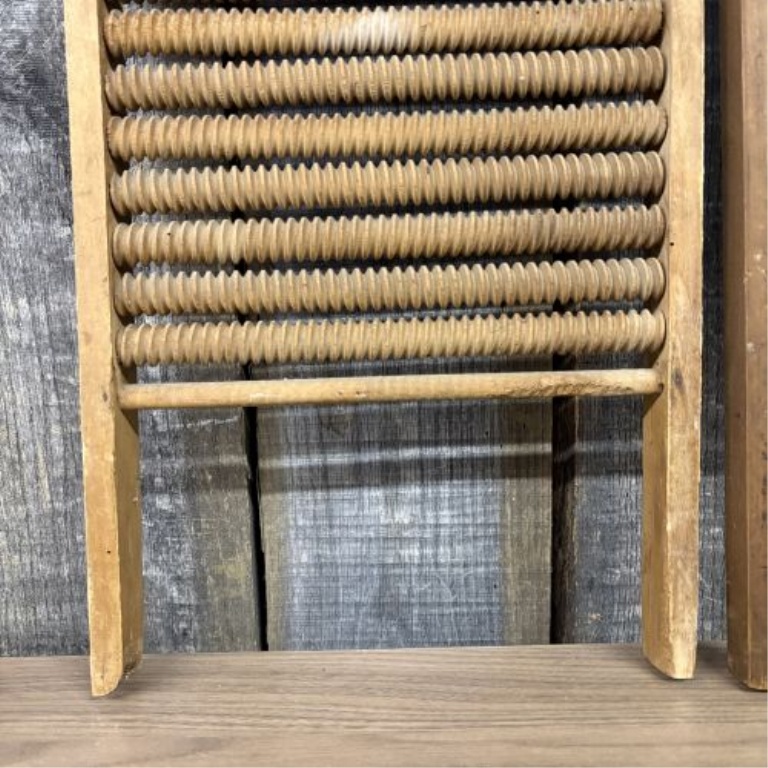 Two Vintage American Washboards including Mother Hubbard Roller and Morvalu Galvanized Models
