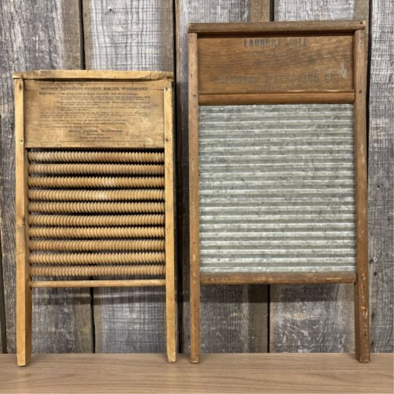 Two Vintage American Washboards including Mother Hubbard Roller and Morvalu Galvanized Models