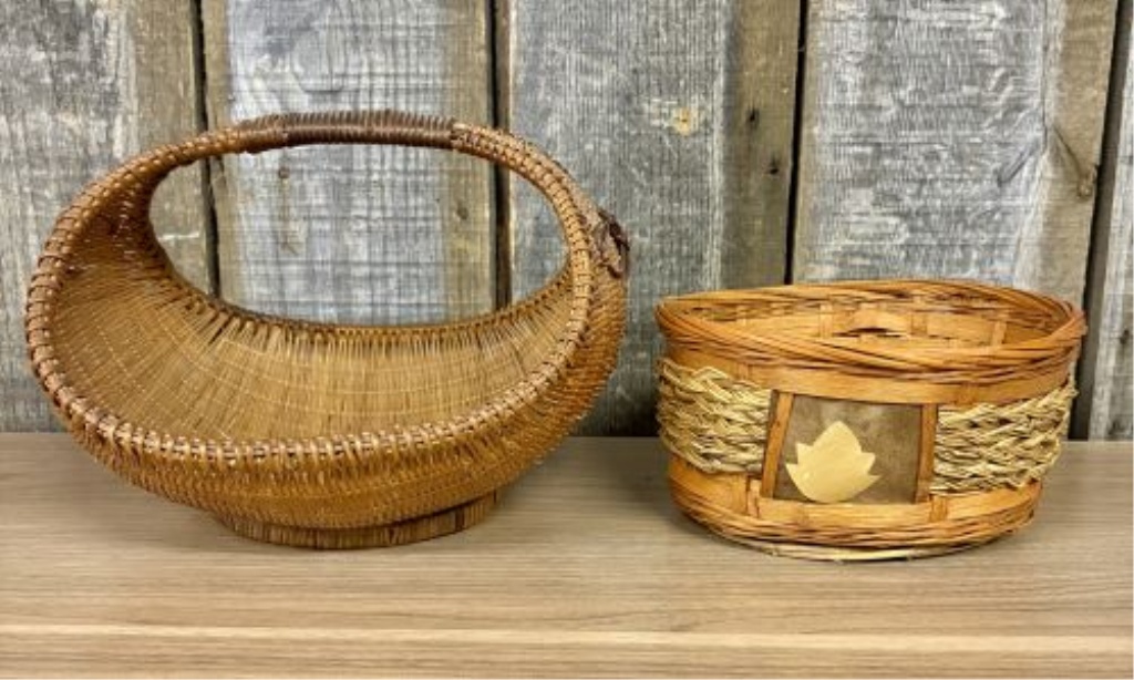 Two Vintage Woven Rattan and Mixed Media Baskets