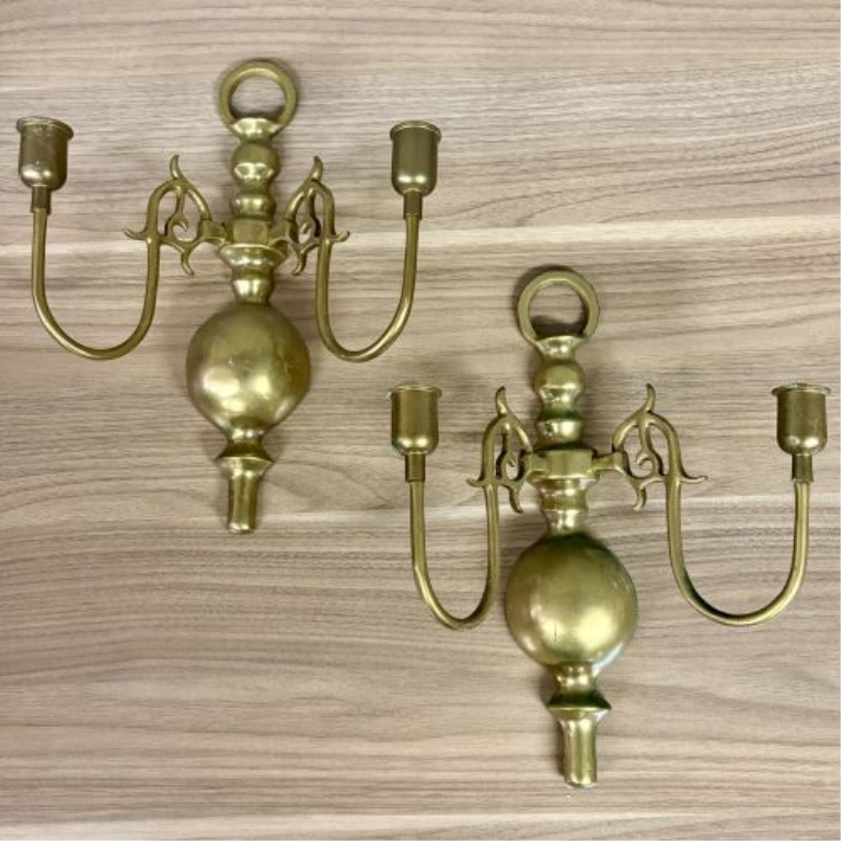 A Pair of Vintage Colonial Revival Style Cast Brass Double Arm Wall Sconces