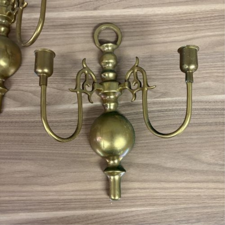 A Pair of Vintage Colonial Revival Style Cast Brass Double Arm Wall Sconces