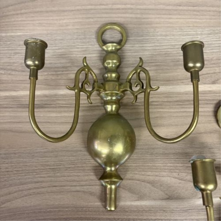 A Pair of Vintage Colonial Revival Style Cast Brass Double Arm Wall Sconces
