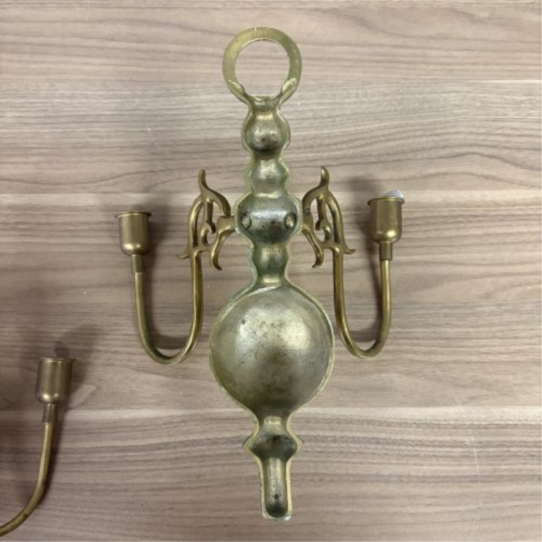 A Pair of Vintage Colonial Revival Style Cast Brass Double Arm Wall Sconces
