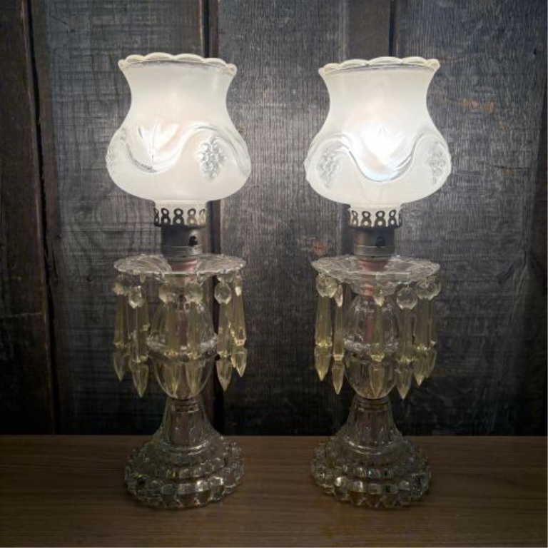 A Pair of Vintage Frosted Glass Boudoir Lamps with Amber Prisms and Grape Motif