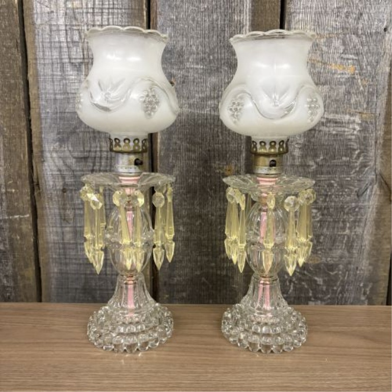 A Pair of Vintage Frosted Glass Boudoir Lamps with Amber Prisms and Grape Motif