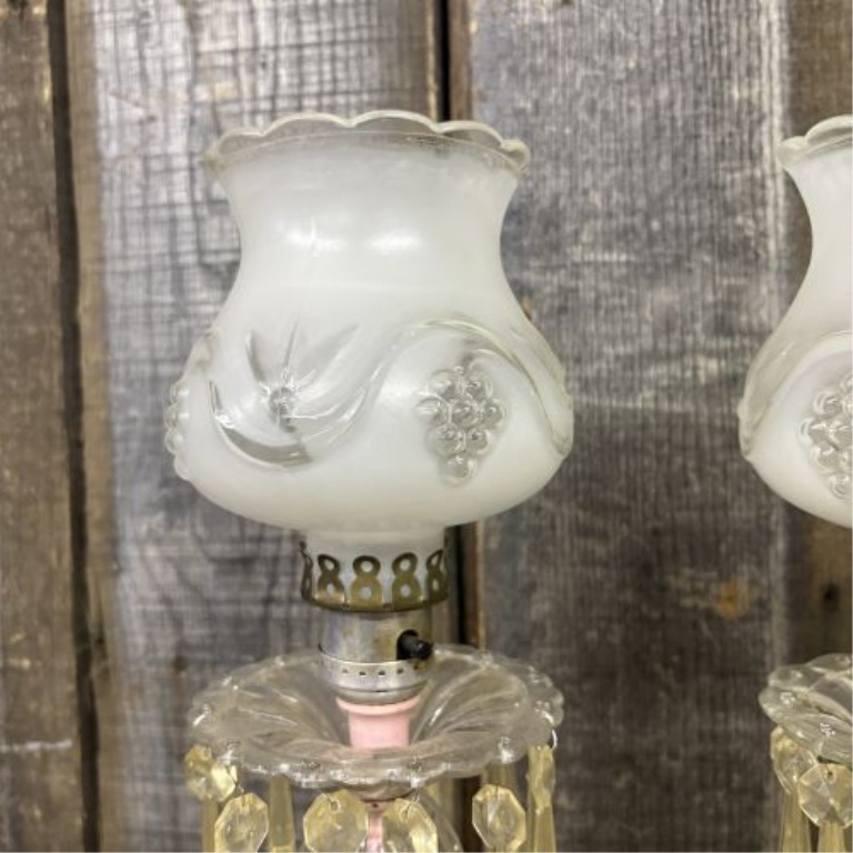 A Pair of Vintage Frosted Glass Boudoir Lamps with Amber Prisms and Grape Motif