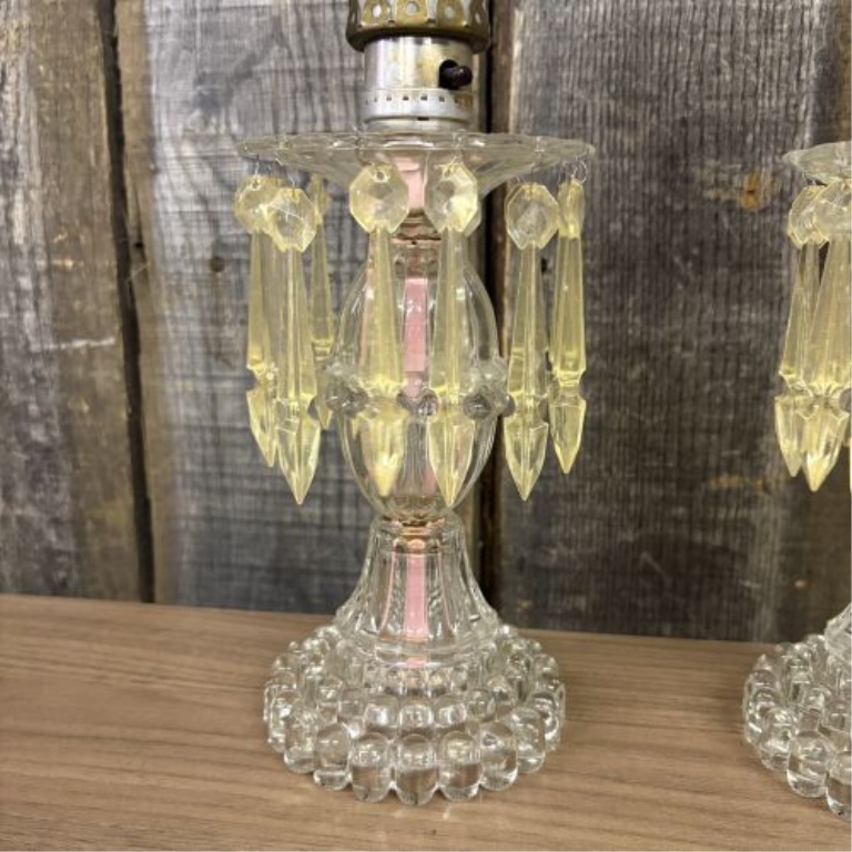 A Pair of Vintage Frosted Glass Boudoir Lamps with Amber Prisms and Grape Motif